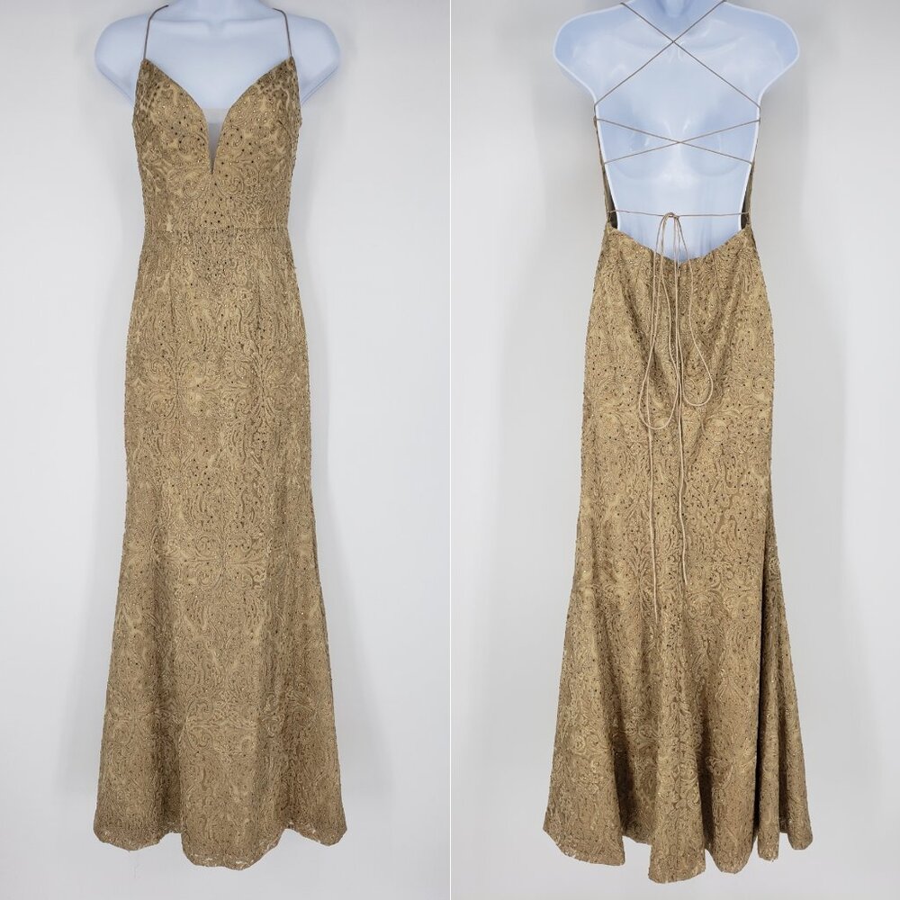 Lucci‎ Lu Mermaid Evening Dress 0 Rhinestone Embellished  Embroidered Lace Gold